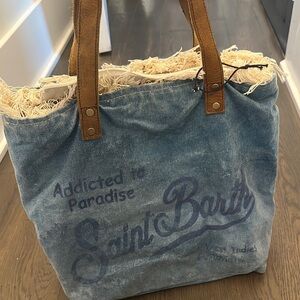 Blue and Brown Vintage Denim Tote with Cozy Trim